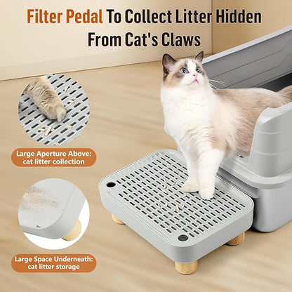 Cat Litter Box Step Ramp, Cat Litter Catcher Mat with Wooden Feet, Filter Function, Cat Pedal Stool for Self-Cleaning Cat Litter Box, Ideal for Kitten &amp; Elderly Cats (Light Grey)