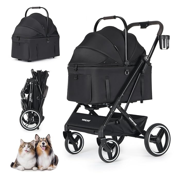 X3 2 in 1 Pet Stroller for Medium or Two Small Dogs &amp; Cats 4 Wheels Lightweight Foldable Carrier Dog Stroller with Waterproof Weather Cover Cup Holder,Storage Basket(Black)