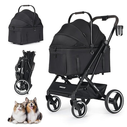 X3 2 in 1 Pet Stroller for Medium or Two Small Dogs &amp; Cats 4 Wheels Lightweight Foldable Carrier Dog Stroller with Waterproof Weather Cover Cup Holder,Storage Basket(Black)
