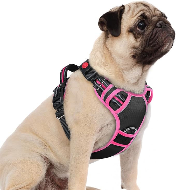 rabbitgoo Dog Harness Small Sized, No Pull Dog Vest with 3 Buckles, Adjustable Soft Padded Pet Harness with Easy Control Handle and Reflective Strips, Black &amp; Rose Pink, S