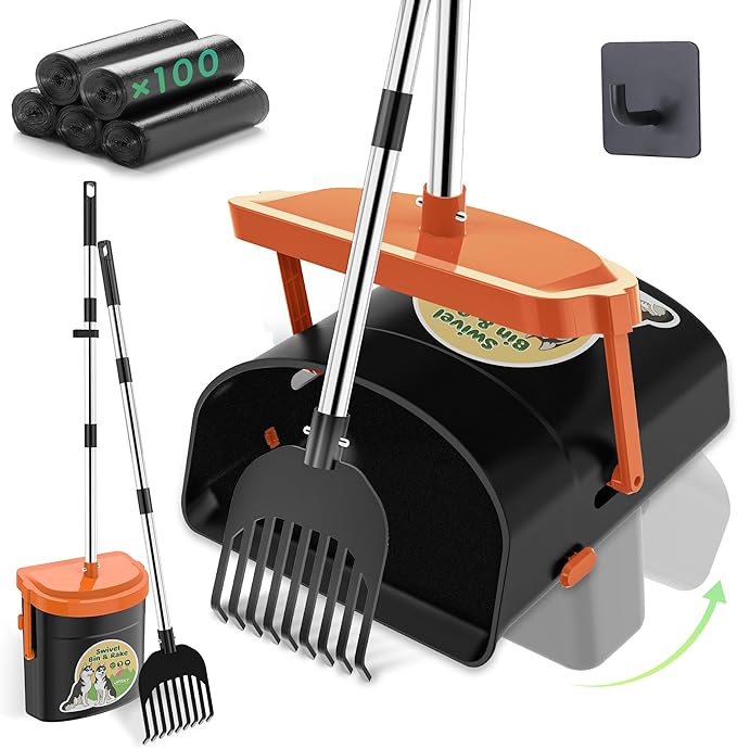 UPSKY Dog Pooper Scooper Swivel Bin &amp; Rake Kit with 100 Waste Bags,33.4" Stainless Steel Long Handle Heavy Duty Pet Poop Shovel for Large Medium Small Dogs, Odor-Proof Lid for Yard/Lawn/Outdoor Use