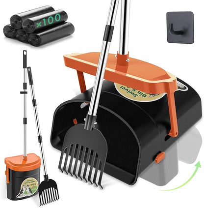 UPSKY Dog Pooper Scooper Swivel Bin &amp; Rake Kit with 100 Waste Bags,33.4" Stainless Steel Long Handle Heavy Duty Pet Poop Shovel for Large Medium Small Dogs, Odor-Proof Lid for Yard/Lawn/Outdoor Use