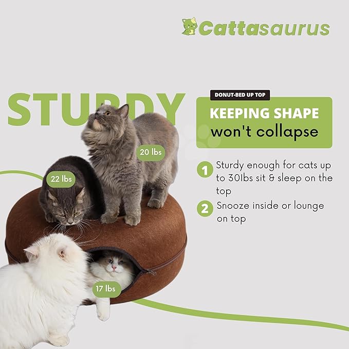 Cattasaurus Peekaboo Cat Cave for Multiple &amp; Large Cats Up to 30-45 Lbs, Scratch Detachable &amp; Washable Tunnel Bed, Comfy Donut Cat Cave (Brown, Large)
