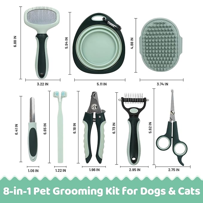 8-in-1 Pet Grooming Kit for Dogs &amp; Cats - Includes Slicker Brush, Nail Clippers, Comb, Scissors, Toothbrush &amp; Collapsible Bowl - Deshedding, Hair Trimming &amp; Care Set, Travel Bag