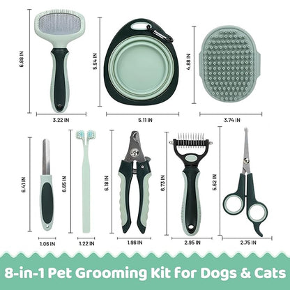 8-in-1 Pet Grooming Kit for Dogs &amp; Cats - Includes Slicker Brush, Nail Clippers, Comb, Scissors, Toothbrush &amp; Collapsible Bowl - Deshedding, Hair Trimming &amp; Care Set, Travel Bag