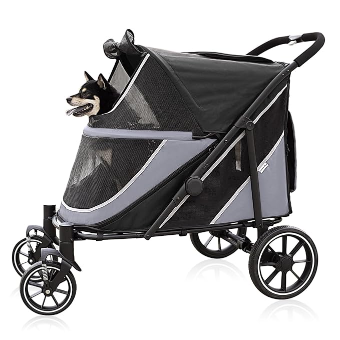Dog Stroller for Medium/Large Dogs One-Click Folding, Extra Large Pet Stroller for 2 Dogs with Storage Pocket &amp; Shock Absorption, Up to 130 lbs, Grey