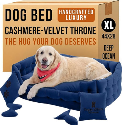 Luxury Dog Bed Chesterfield – Handcrafted Velvet Throne for Dogs | Joint Support, Calming &amp; Temp-Regulating Comfort | Durable 5+ Years, Anti-Claw, Washable 100+ Times – XL, Blue