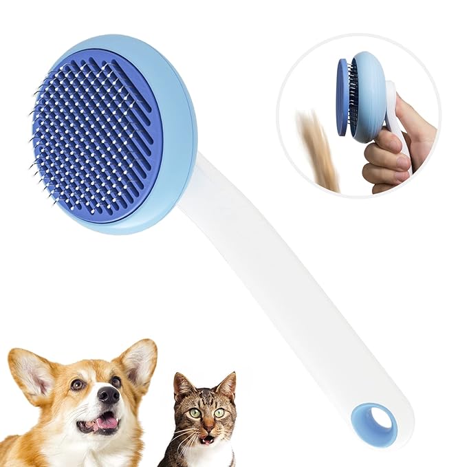 Self-Cleaning Slicker Brush for Pet Grooming: Removes Tangles, Loose Undercoat &amp; Mats from Cats &amp; Dogs (Blue)