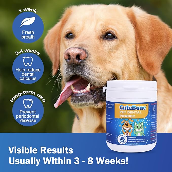 CuteBone Dog Teeth Cleaning Powder - Dog Dental Powder Pet Breath Freshener - Safe &amp; Effective Natural Oral Care Formula Reduces Plaque &amp; Tartar Promotes Healthy Gums Easy-to-Use for Dogs &amp; Cats