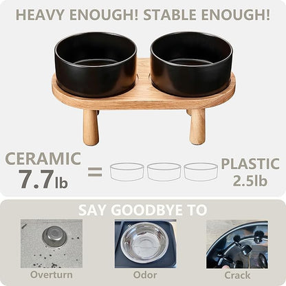 Ceramic Elevated Dog Bowls, Pet Food and Water Bowl Set for Large Dogs, 7.5 Cups Dog Bowls Raised with Wood Stand, 61OZ, Black