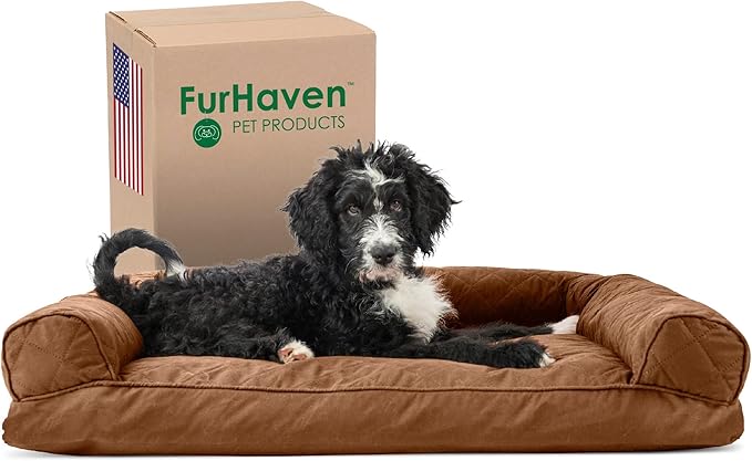 Furhaven Pillow Dog Bed for Large/Medium Dogs w/ Removable Bolsters &amp; Washable Cover - Quilted Sofa - Toasted Brown, Large