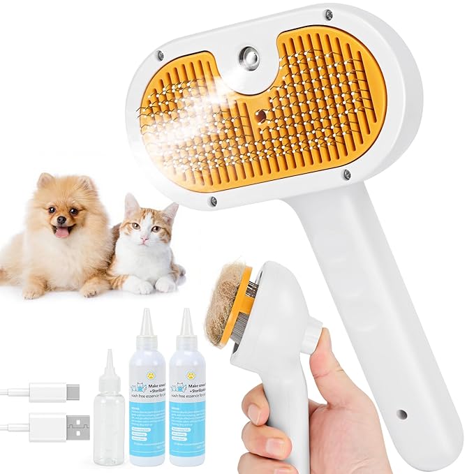 Pet Steam Brush for Cats and Dogs, 4-in-1 Cat Brush for Shedding, Spray Hair Removal Comb with 2 Waterless Shampoo, Pet Hair Removal Tool for Long &amp; Short Haired Pets