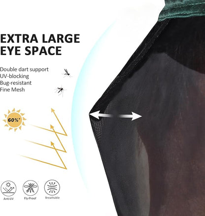 Harrison Howard Pro Luminous Horse Half Face Fly Mask Large Eye Space with Ears UV Protection for Horse Hunter Green S