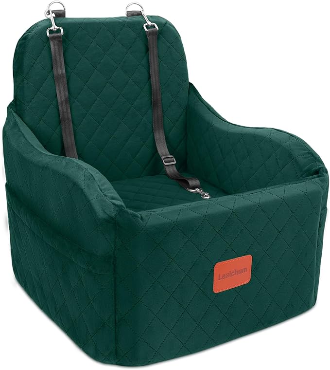 Dog Booster Car Seat for Small/Medium Dogs,6in Elevated Cushion,Fully Detachable and Washable,2 Storage Pockets &amp; 3 Straps,Fits in Front/Back Seat,Easy to Install (Green,Medium)