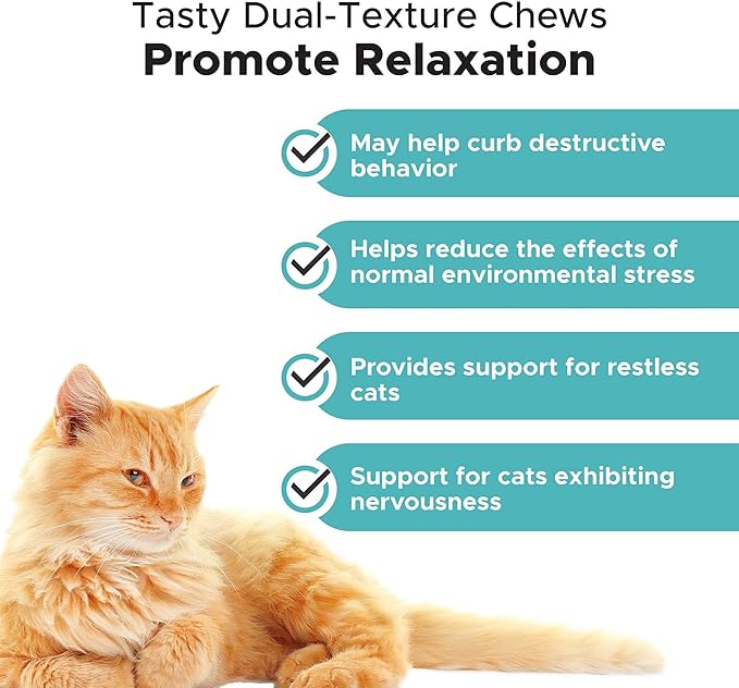 Calming Chews for Cats - Cat Anxiety Relief + Helps Reduce Stress - Behavioral Support &amp; Promotes Relaxation for Travel, Boarding, Vet Visits, Separation Anxiety - Chicken (30-Day Supply)