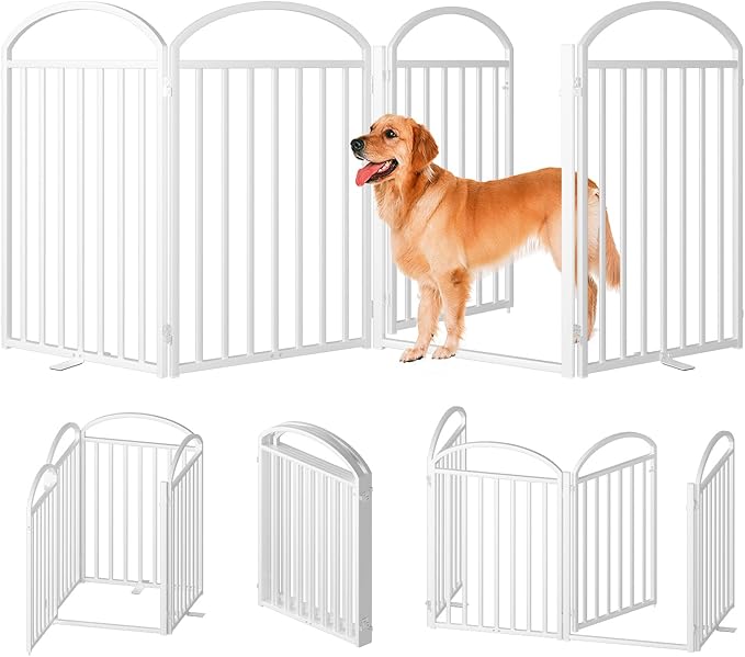 4 Panles Full Matel Freestanding Dog Gates with Door, 96"Extra Wide 32"Tall Free Standing Dog Pet Gate for Indoor &amp; Outdoor. Foldable Pet Fences for Doorways, House, Stairs, Porch, Deck, Yard
