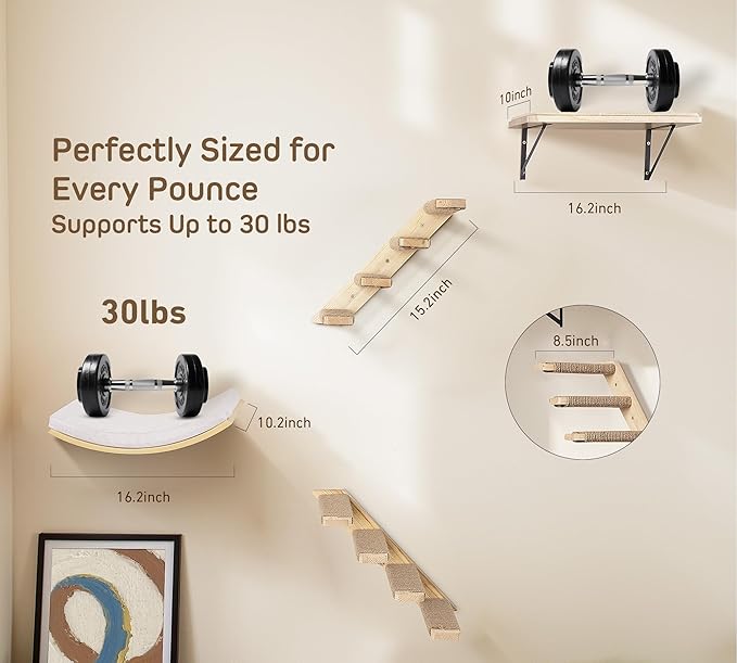4-Piece Cats Wall Furniture with Cat Window Perch – Wood Wall Mounted Cat Shelves Set with Foam-Padded Curved Bed, Flat Perch &amp; 4-Step Cats Stairs