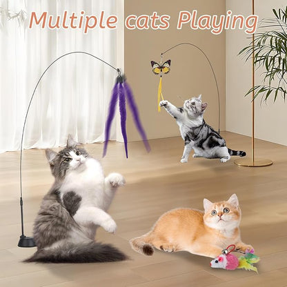 Suction Cup Cat Toys,Interactive Cat Wand with 15Pcs (Feather, Mouse, Butterfly, Worm),Durable Cats Fishing Pole Toy for Indoor Kittens,Fun Stick Toy for Exercise&amp;Play
