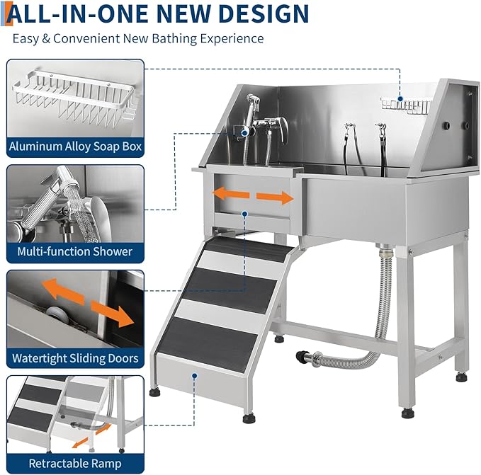 JoyJoy Stainless Steel Dog Washing Station - Dog Bath Tub for Large, Medium, Small Dogs, Pet Grooming Tub with Ramp, Non-Slip Grate, Shower, Soap Box, Faucet, Drain for Home &amp; Outdoor（38"）