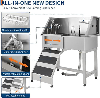 JoyJoy Stainless Steel Dog Washing Station - Dog Bath Tub for Large, Medium, Small Dogs, Pet Grooming Tub with Ramp, Non-Slip Grate, Shower, Soap Box, Faucet, Drain for Home &amp; Outdoor（38"）
