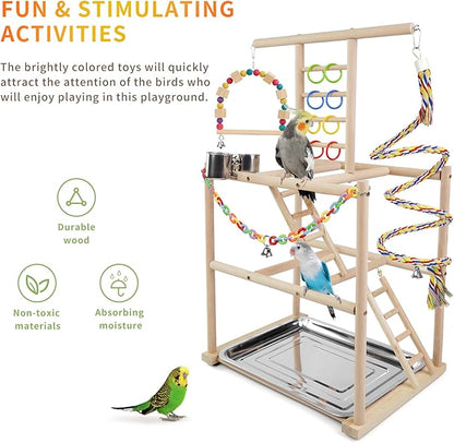 Bird Playground, Parrots Playstand for Small to Medium Birds, Perch Stand with 3 Ladders Playgym with Rope Perch, Swings Feeder Cups Bird Cage Accessories for Conure Cockatiel Lovebirds