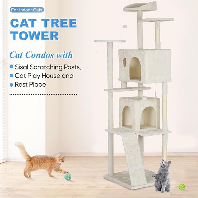FDW Cat Tree Tower 81in Multi-Level Durable Cat Scratching Post &amp; Cozy Fun Jumping Platform Space Saving Condo Pet Play House for Indoor Cats,Beige