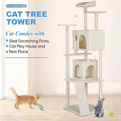 FDW Cat Tree Tower 81in Multi-Level Durable Cat Scratching Post &amp; Cozy Fun Jumping Platform Space Saving Condo Pet Play House for Indoor Cats,Beige
