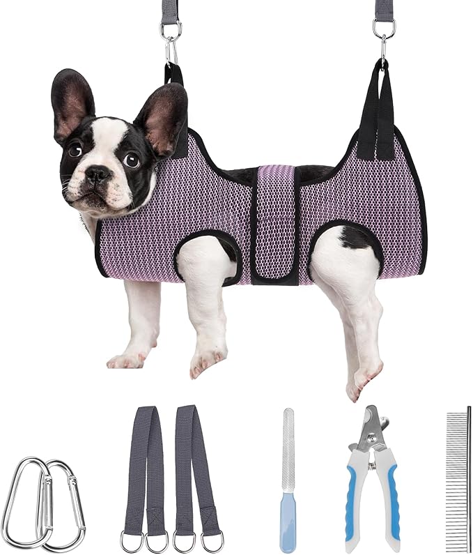 PAWCHIE Dog Grooming Hammock Harness for Dogs &amp; Cats with Pet Nail Clipper Trimmer- Breathable Cat Hanger Sling for Trimming Clipping Nails-Dog Hammock Restraint Bag for Small Medium Large Dog, Pink S