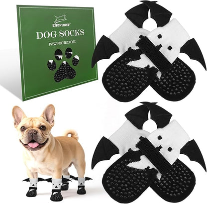 EXPAWLORER Halloween Anti Slip Dog Socks to Prevent Licking Paws, Boots &amp; Paw Protectors with Grippers,Doggie Booties for Hardwood Floors for Small Medium Large Senior Dogs Costume White Ghost Wings M