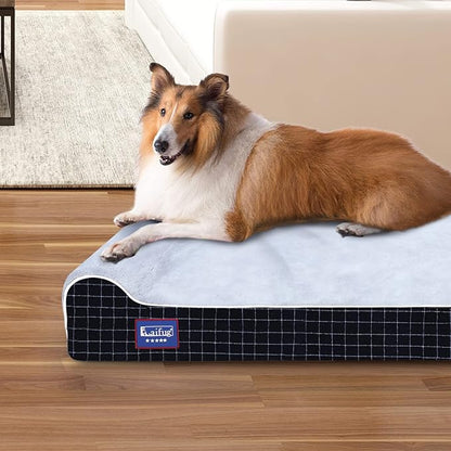 Laifug Orthopedic Memory Foam Extra Large Dog Bed with Pillow and Durable Water Proof Liner &amp; Removable Washable Cover &amp; Smart Design (Jumbo (50"x36"x10"), Black Grid Gray)