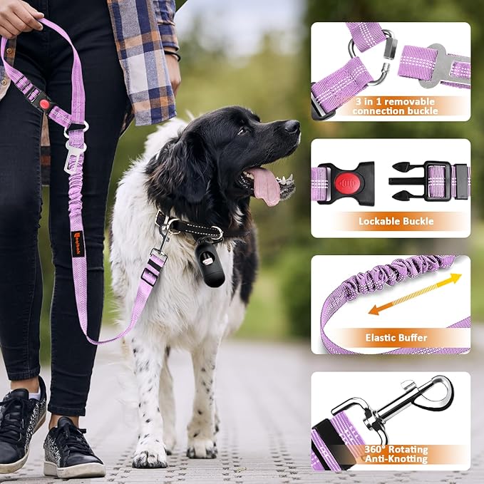 Removable Dog Seat Belt Harness for Car, 3 in 1 Pet Dog Car Seatbelt Leash, Retractable Restraint Secures to Vehicle Headrest &amp; Adjustable Reflective Bungee Dog Seatbelt Tether, Purple