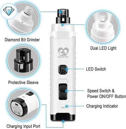 Casfuy Dog Nail Grinder with 2 LED Light for Large Medium Small Dogs - 3X More Powerful 2-Speed Electric Pet Nail Trimmer Rechargeable Quiet Painless Paws Grooming &amp; Smoothing Tool (White)