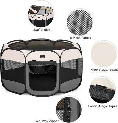 A4Pet Cat Playpen, 39.5” Pop Up Dog Playpen with Bowl, Suitable for Puppies, Kittens, and Small Animals, Removable Zipper &amp; Mesh Panel(16”W × 10”H)