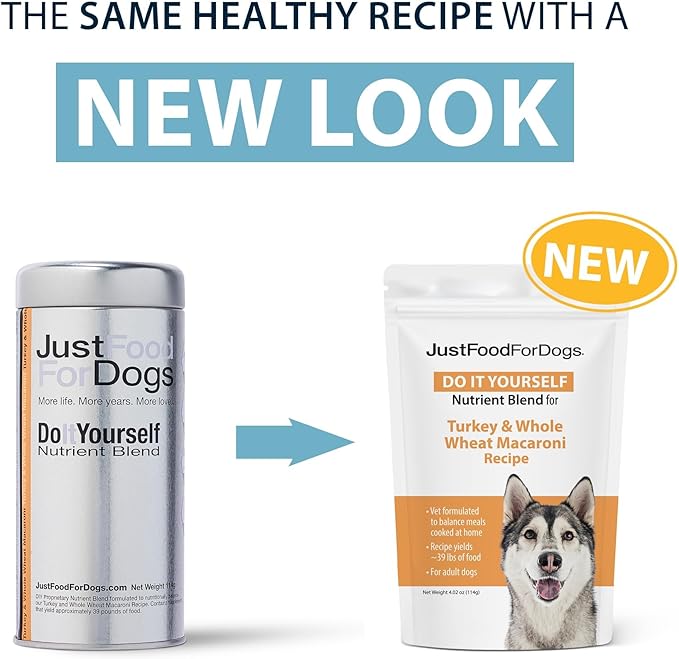 JustFoodForDogs DIY Nutrient Blend for Homemade Dog Food, Turkey &amp; Whole Wheat Macaroni Recipe