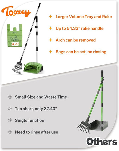 Toozey Dog Pooper Scooper, Extra Large Stainless Steel Tray Long 54" Handle, Easy Cleanup for All Dog Sizes, Includes 20 Bags