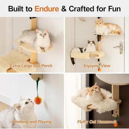 MEWOOFUN Cat Climbing Shelves Tree, 4-Levels Over Door Cat Climber for Jumping, Stable Cat Stairs Hammock for Kittens &amp; Adult Cats (Wooden-65 H x 26.8” L x 13.8” W)