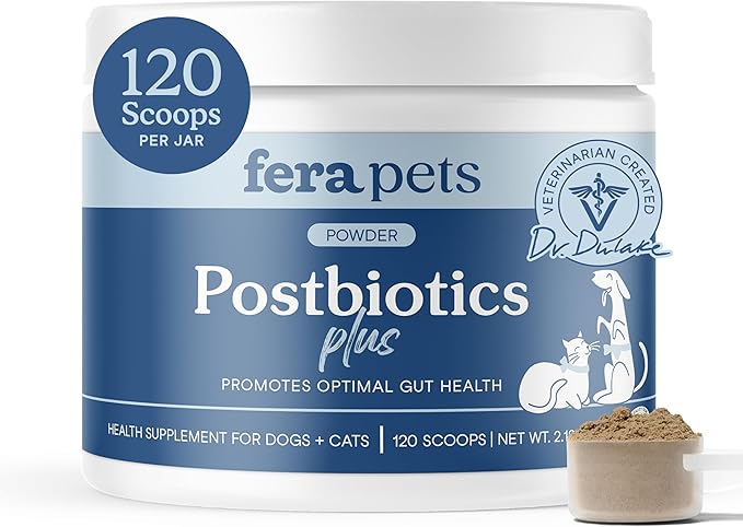 Fera Pets Postbiotics Plus Prebiotics for Dogs &amp; Cats - with Slippery Elm - Promotes Optimal Digestive Health &amp; Inflammatory Response - Enhances Immunity - 120 Scoops