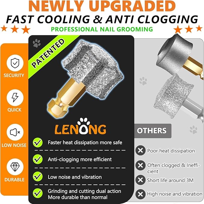 LENONG Fast Cooling Dog Nail Grinder Head with 7-Grooves, Anti-Clogging Diamond Pet Nail Grinder Replacement Bit with Steel Brush for Casfuy and Most Brands (1pcs 80
