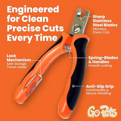 GoPets Nail Clipper for Small to Medium Pets, Quick Sensor Safety Guard, Heavy Duty Trimmer for Thick Nails, Stainless Steel Blades, Grooming Tool for Dogs &amp; Cats, Non-Slip Handle, Built-in Nail File