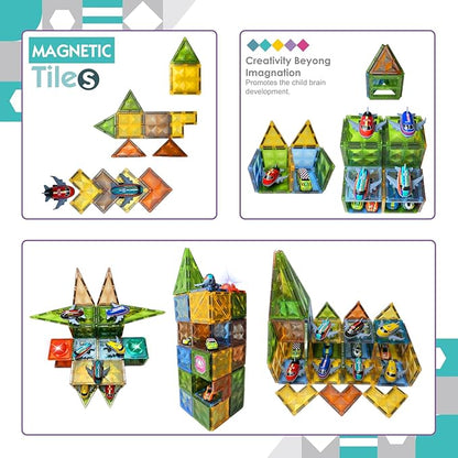 Magnetic Tiles Diamond Series with Lights 4 Pull-Back Metal Cars&amp;7 Airplanes Magnet Tiles Building Block Toy for Kids Educational Construction STEM Toy, Great Gift for Kids Aged 3-8