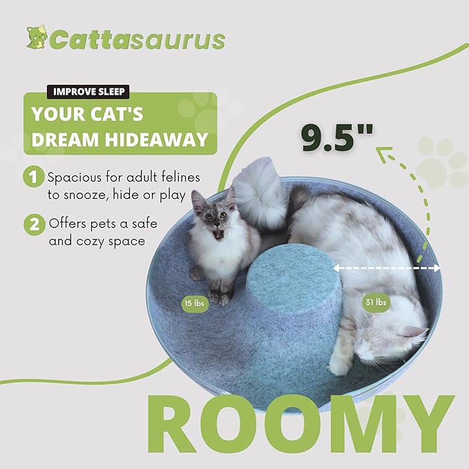 Cattasaurus Peekaboo Cat Cave, Extra Spacious for Multiple &amp; Large Cats 12+ lbs, Scratch Detachable Beds for Indoor Cats, Washable Tunnel Bed, Comfy Cat Donut Tunnel (Light Gray+Light Gray, Jumbo)