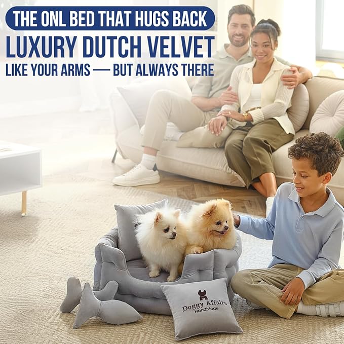 Luxury Dog Bed Chesterfield – Handcrafted Velvet Throne for Dogs | Joint Support, Calming &amp; Temp-Regulating Comfort | Durable 5+ Years, Anti-Claw, Washable 100+ Times – XS, Gray