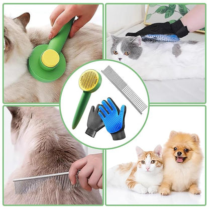 Dog &amp; Cat Brush,Pet Grooming Kit 4PCS- Dog Brush for Shedding| A Pair Pet Hair Removal Gloves| Metal Comb for dog.Removes Undercoat, Loose Hair, Tangled, Dirt and Massages. All hair Types