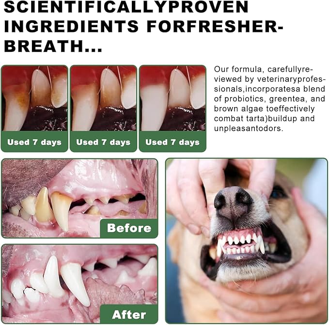 Dog Dental Powder, 6 oz, Dog Teeth Cleaning Powder &amp; Cat Breath Freshener, Plaque Off Pet Tooth Cleaning - Combating Dental Plaque, Tartar Cleaning and Removal, Fighting Bad Breath, Oral Care