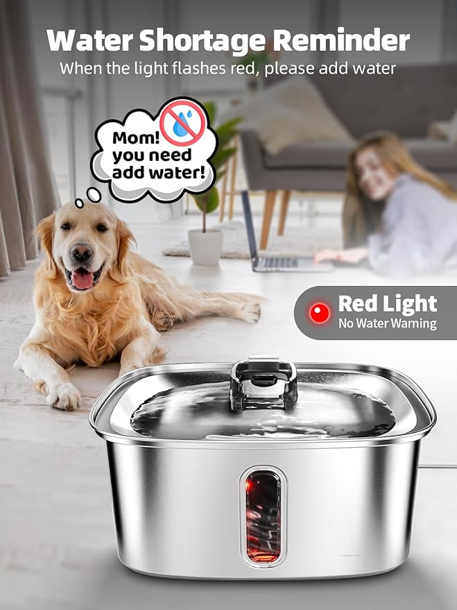 Dog Water Fountain for Large Dogs, 9L/2.4Gal Stainless Steel Dog Fountain with Water Level Window &amp; Filtration, Automatic Pet Water Bowl Dispenser Indoor, Super Quiet for Multi-Pet