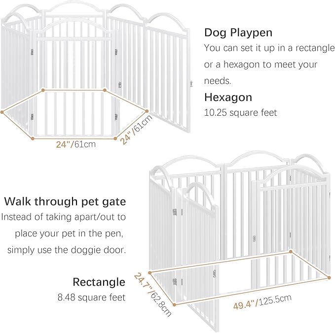 BHG Metal No-Assembly Freestanding Dog Gate with Door Walk Through, Extra Wide 144", Extra Tall 32" Pet Gate, Accordion Puppy Folding Playpen Dog Fence for Indoor &amp; Outdoor, with 2PCS Support - White