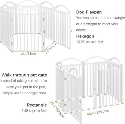 BHG Metal No-Assembly Freestanding Dog Gate with Door Walk Through, Extra Wide 144", Extra Tall 32" Pet Gate, Accordion Puppy Folding Playpen Dog Fence for Indoor &amp; Outdoor, with 2PCS Support - White
