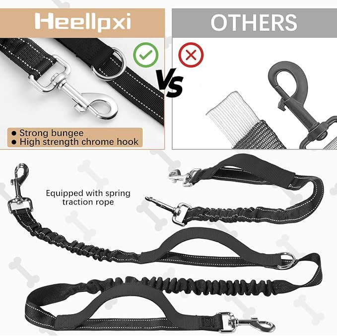 Hands-Free Dog Leash With Pouch, Waist Attachment for Walking Two Dogs, Reflective Stitching, Dual Handle, Bungee Retractable Running for Medium to Large Dogs Black