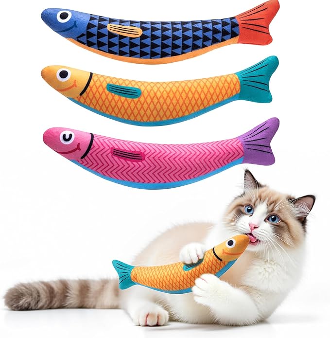 Interactive Cat Toys with[5000mg Premium A+Catnip][Baby Grade] Soft Chew Kicker Cat Toys for Indoor Cats &amp; Kittens, Crinkle &amp;Rattle Fish Sound Toy, Drives Bored Cats Crazy with Fun,3 Pack