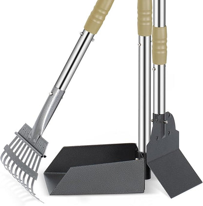Heeyoo Dog Pooper Scooper, Dog Poop Tray and Rake Set, Pet Waste Removal Scoop with Long Adjustable Sectional Stainless Handles